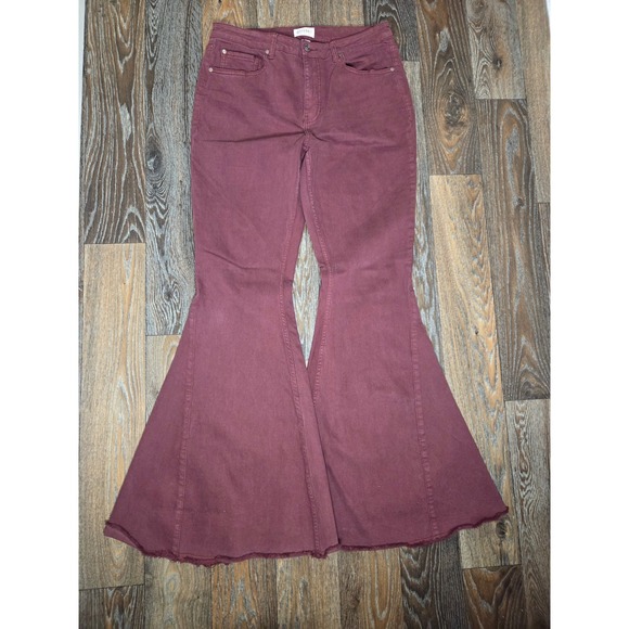 Shyanne Denim - Shyanne Burgundy Extreme Flare Bell Bottom Jeans Raw Hem 33W x 34L Western Boho